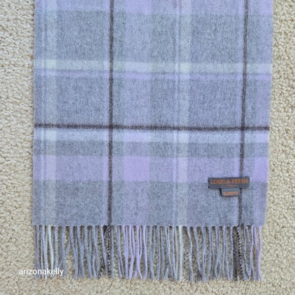 100% Cashmere Fringe Scarf Lavender and Grey Plaid Louisa Perini - Picture 2 of 10